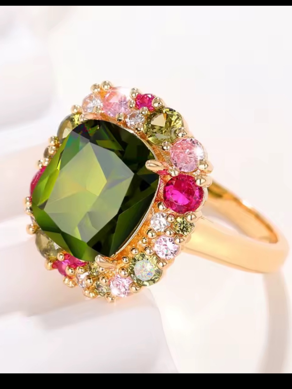 Gold Ring with Olive Green Center and Pink Accents